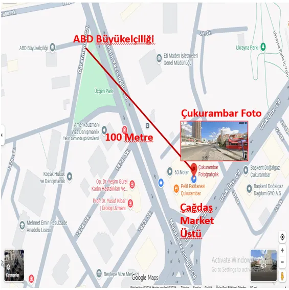 Harita: Çukurambar Fotoğraf ile ABD Büyükelçiliği arasında yaklaşık 100 metre mesafe