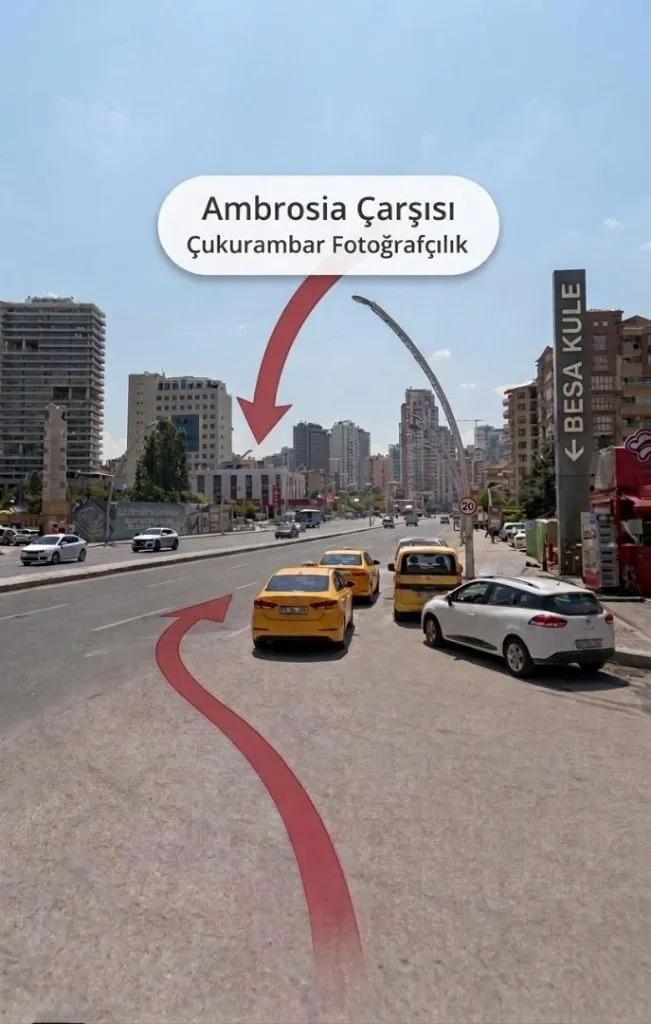 Ambrosia Çarşısı — Çukurambar Fotoğrafçılık yol tarifi; sokak görünümü ve yön işaretleri